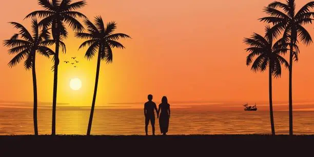 Vector illustration of Silhouette of palm tree and lover hand holding at seaside with sunset background vector illustration. Sweetheart's honeymoon concept flat design.