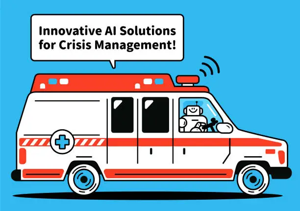 Vector illustration of An Artificial Intelligence Robot is driving an ambulance, Futuristic Emergency Response, Human-AI Collaboration in Healthcare, Innovative AI Solutions for Crisis Management