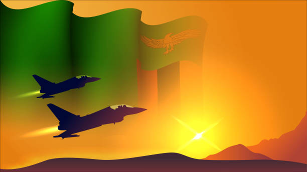 ilustrações, clipart, desenhos animados e ícones de avião a jato de caça com design de fundo da bandeira de zâmbia ondulando com vista do pôr do sol adequado para o evento do dia nacional das forças aéreas da zâmbia - waterfall backgrounds heaven nature