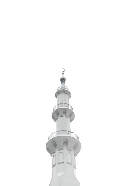 The minaret of the mosque is isolated over a white background