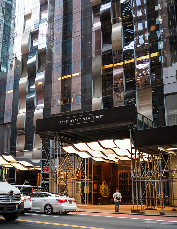 New York, New York, USA - January 11, 2024: The Park Hyatt New York Hotel on West 57th Street. A person can be seen.