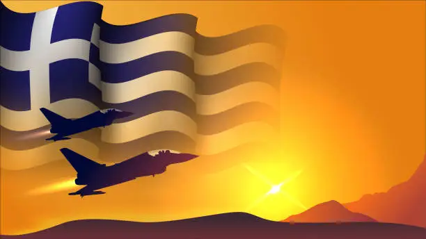 Vector illustration of fighter jet plane with greece waving flag background design with sunset view suitable for national greece air forces day event