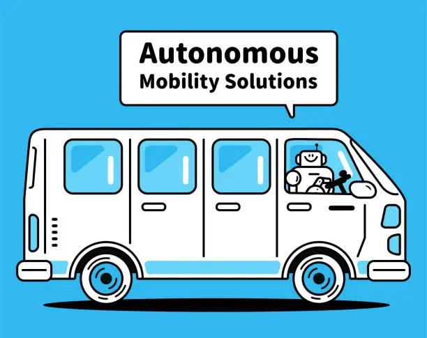Vector illustration of An Artificial Intelligence Robot driving a van, shuttle bus, school bus, or motor home, Futuristic Transportation, Autonomous Mobility Solutions
