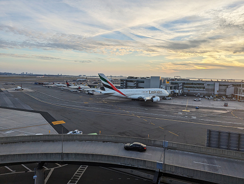 New York - USA - January 10 2024: Emirates Airlines Airbus A380-800 at John F Kennedy International Airport
