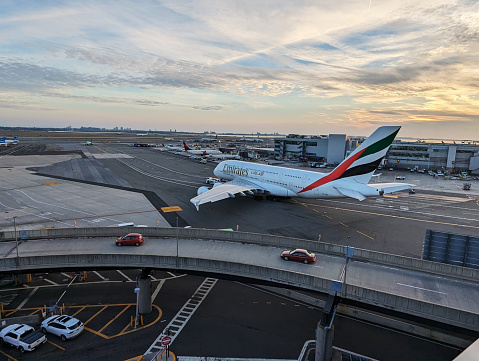 New York - USA - January 10 2024: Emirates Airlines Airbus A380-800 at John F Kennedy International Airport