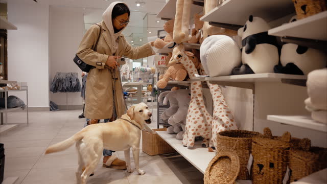 A young dog mom is showing her adorable and curious labrador cute, soft plush toys at a pet friendly store. Being able to shop with your dog provides an emotional connection and sense of companionship