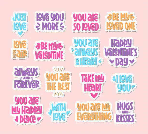 Vector illustration of Valentine Quotes Hand Lettering Colorful Stickers. Vector Handwritten Sticky Phrases for Valentines Day. I Love You, Take My Heart, Hugs and Kisses, You are With Love Collection.