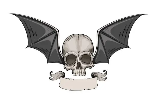 Vector illustration of Skull with Bat Wings. Vector illustration, tattoo sketch, emblem