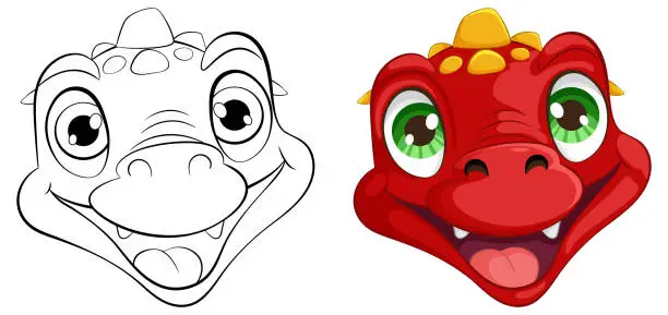 Vector illustration of Vector illustration of two happy dragon faces.