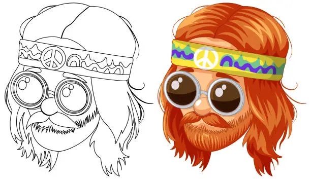Vector illustration of Colorful hippie with beard and round sunglasses.