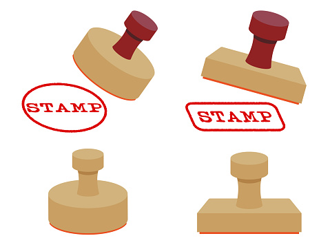 Illustration set of simple round and square stamps.
Round and rectangular rubber stamps in red ink.