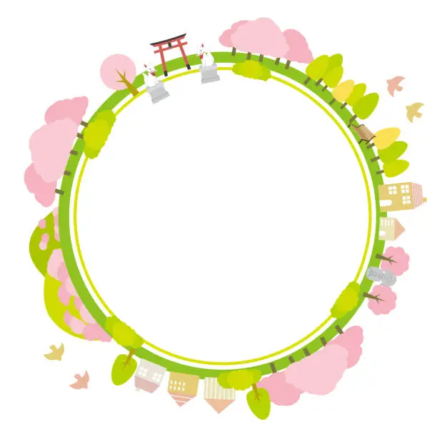 Vector illustration of Japanese-style cityscape in spring with shrines and cherry blossoms. Circular frame.