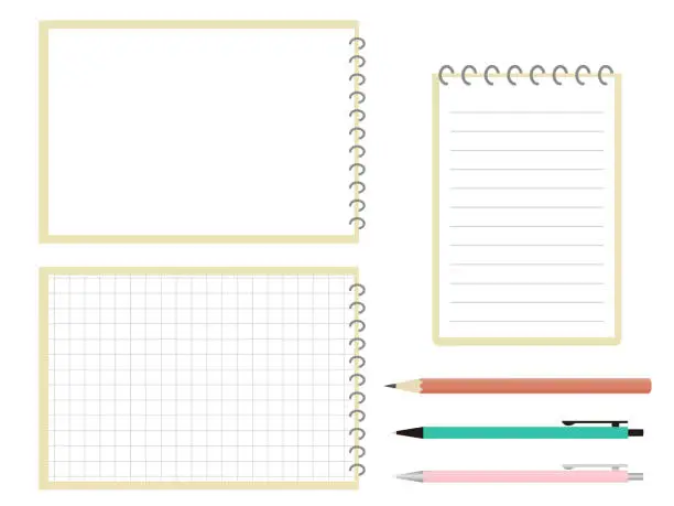 Vector illustration of A simple notepad, pencil and pen. There are horizontal lines and ruled lines of graph paper.