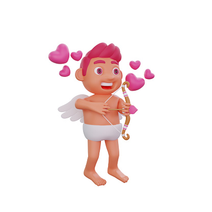 3D illustration of Valentine Cupid character ready to spread love, with a bow and arrow in hand, surrounded by floating hearts, perfect for Valentine or love themed projects