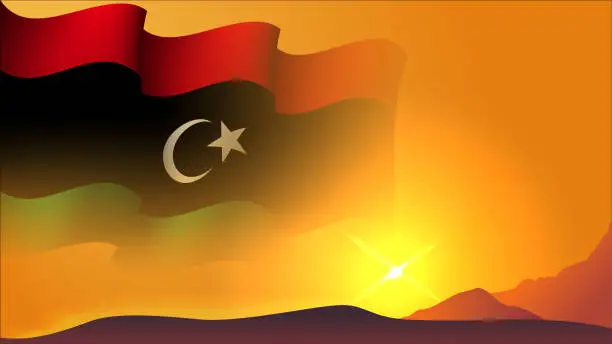 Vector illustration of libya waving flag background design on sunset view vector illustration