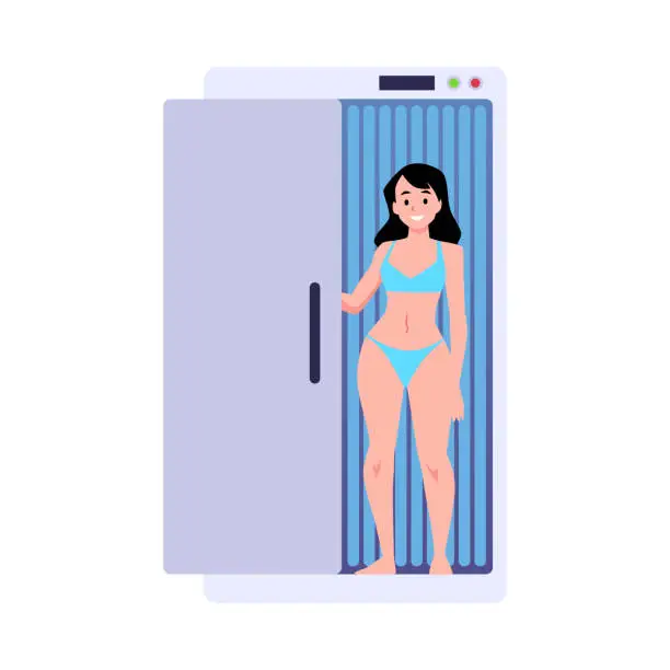 Vector illustration of Vertical solarium with girl holding door.