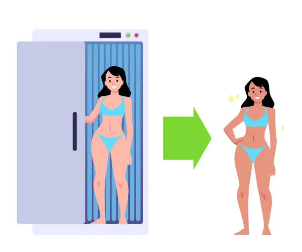 Vector illustration of Woman standing in Solarium tanning booth, vector before after cosmetic procedure for changing color of skin advertising