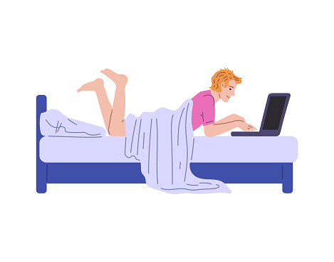 Freelance lifestyle, benefits of remote job. Cartoon freelancer person working relaxed on laptop lying on the bed under the blanket. Vector illustration isolated on white background