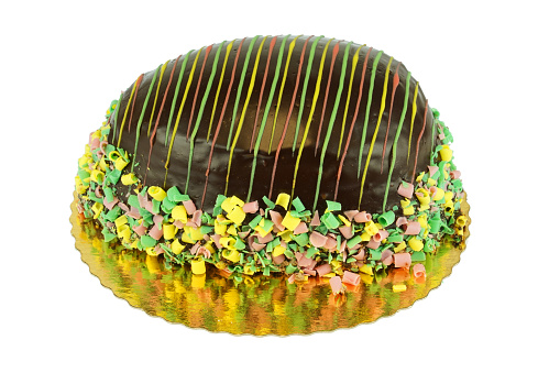 Easter chocolate cream cake isolated on white background