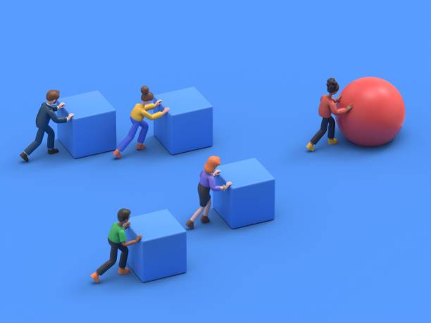 istock Isometric Business people pushing cubes. Winner easily moving the cube. Winning strategy, efficiency, innovation in business concept.3D rendering on blue background. 1936478674
