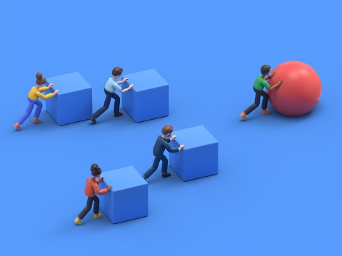 Isometric Business people pushing cubes. Winner easily moving the cube. Winning strategy, efficiency, innovation in business concept.3D rendering on blue background.