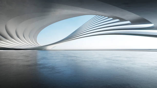 istock 3d render of abstract wavy futuristic architecture with concrete floor. 1936486487