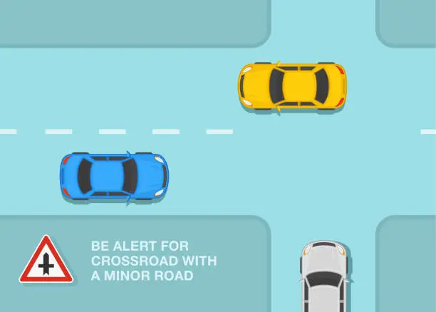 Vector illustration of Safe car driving and traffic regulation rules. Top view of a car reaching the crossroad with a minor road. Vector illustration template.