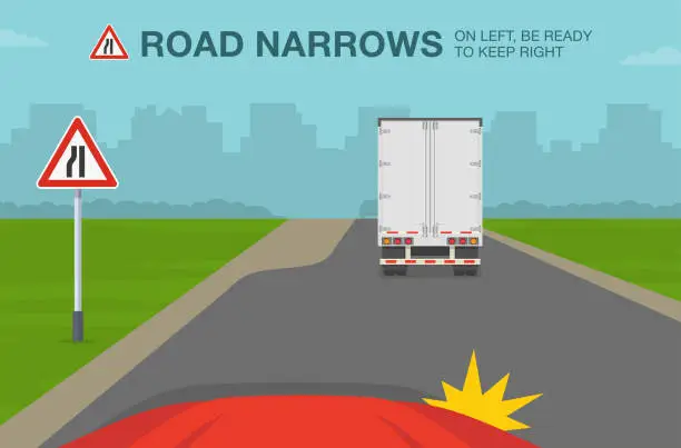 Vector illustration of Safe driving tips and traffic regulation rules. Road narrows on left, keep right. Driver is about to change the lane moving right. Vector illustration template.