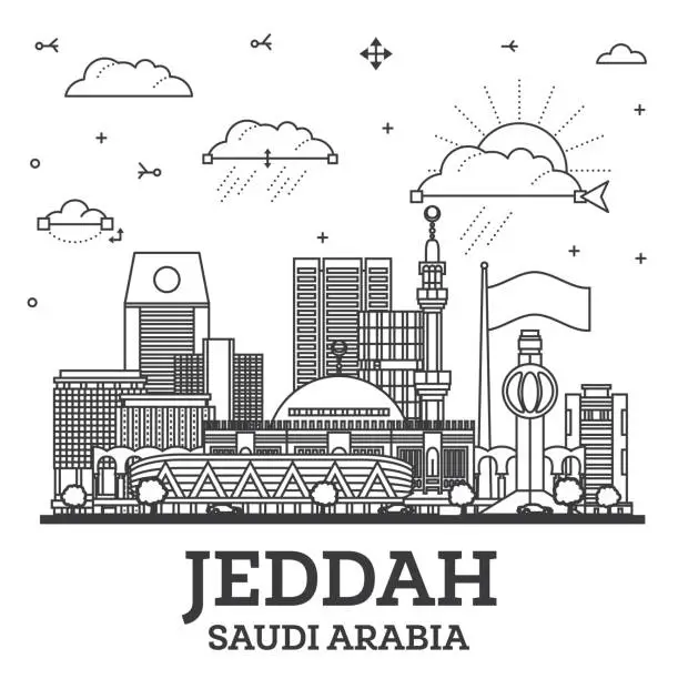 Vector illustration of Outline Jeddah Saudi Arabia City Skyline with Modern and Historic Buildings Isolated on White. Jeddah Cityscape with Landmarks.