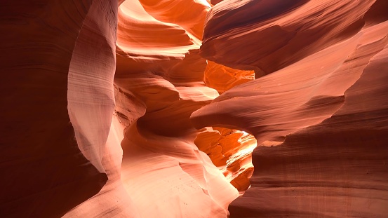 Colorful sandstone and light in a slot canyon, Page, Arizona, USA