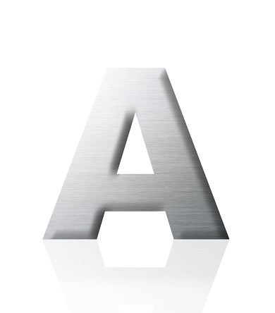 Close-up of three-dimensional silver alphabet letter A on white background.