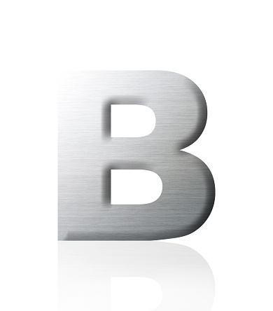 Close-up of three-dimensional silver alphabet letter B on white background.