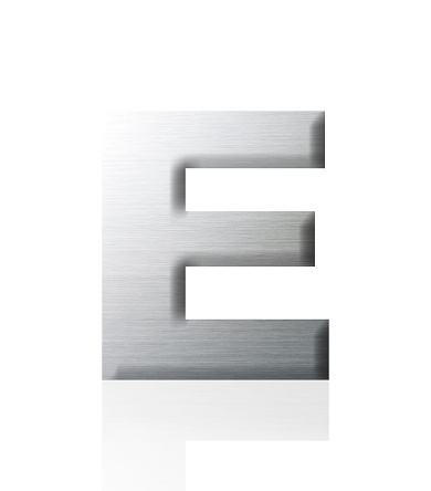 Close-up of three-dimensional silver alphabet letter E on white background.