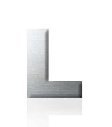Close-up of three-dimensional silver alphabet letter L on white background.
