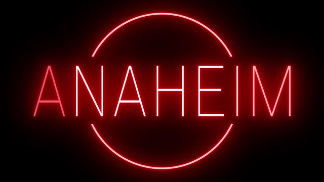 Glowing and blinking red retro neon sign for ANAHEIM