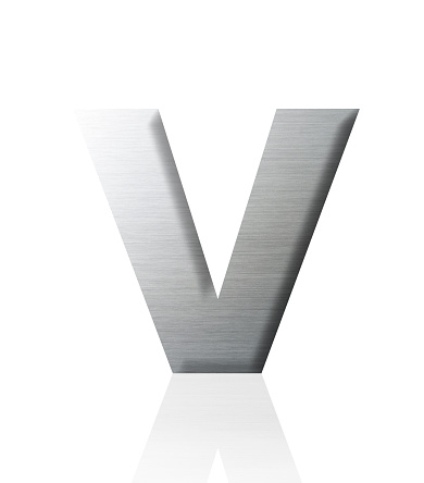 Close-up of three-dimensional silver alphabet letter V on white background.