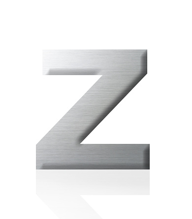 Close-up of three-dimensional silver alphabet letter Z on white background.