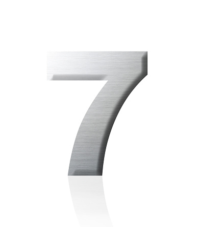 Close-up of three-dimensional silver number 7 on white background.