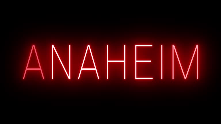 Glowing and blinking red retro neon sign for ANAHEIM