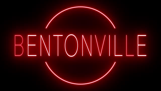 Glowing and blinking red retro neon sign for BENTONVILLE