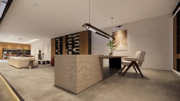 istock Interior Empty Modern Loft Office open space modern office footage.Modern open concept Lobby and reception area meeting room design. 3D Rendering . 1936526611