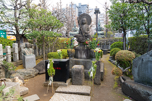 Tokyo, Japan. January 2024.  Heiwa Jizoson place of worship at Sens-ji Buddhist temple in the city center