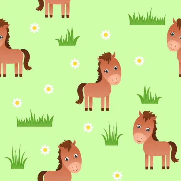Vector illustration of Cute horse on green meadow. Seamless pattern with little cartoon brown foal, grass and flowers. Vector illustration of funny animal. Children's style.