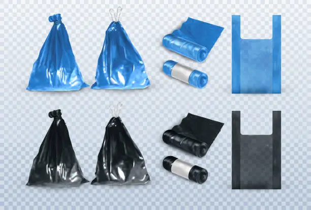 Vector illustration of Plastic bags. Black and blue trash bag set. Bin garbage, 3d recycle waste roll, full with strings and empty. Realistic rubbish sack, recycling polyethylene pack vector exact isolated mockup