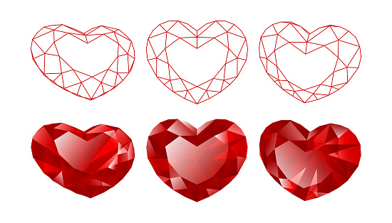 Red translucent heart-shaped gemstone and line drawing
