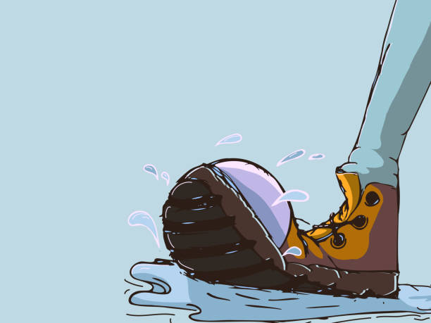 웅덩이에 발을 들여놓는 신발의 손으로 그린 스케치 - mud shoe boot wet stock illustrations