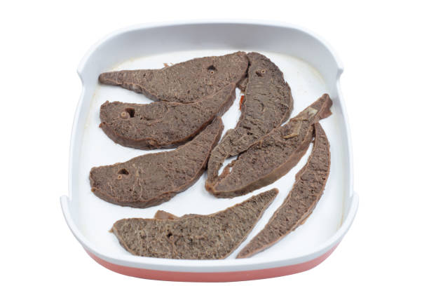 Fresh raw offal sliced on square plate isolated on white background, hot pot ingredients.