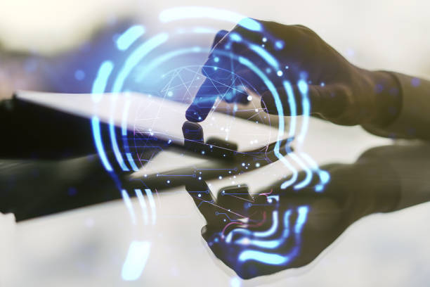 istock Creative artificial Intelligence concept with human head sketch and finger presses on a digital tablet on background. Double exposure 1936654881
