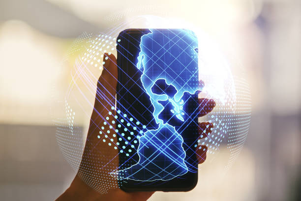 istock Double exposure of graphic America map and hand with cellphone on background, big data and digital technology concept 1936655390