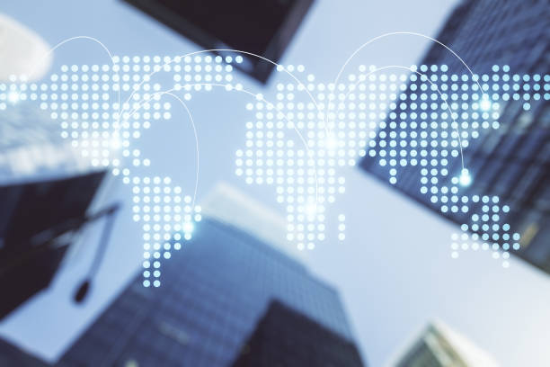 istock Abstract virtual world map with connections on office buildings background, international trading concept. Multiexposure 1936655921